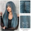 7JHH WIGS Highlight 藍色假髮女士日常派對長直發假髮劉海天然合成假髮耐熱 - Image 2