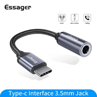 Essager USB Type C 3.5 Jack Earphone Adapter USB C to 3.5mm Headphones AUX Audio Adapter Cable For Huawei P30 Xiaomi Mi 10 9 Es USB Type C 3.5 插孔耳機轉接器 USB C 轉 3.5 公釐耳機 AUX 音訊轉接器連接線適用於華為 P30 小米 Mi 10 9 Es