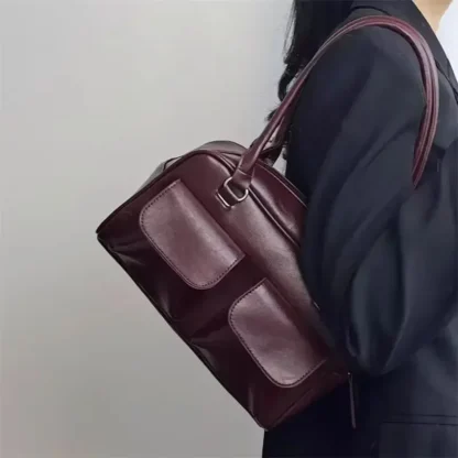 [順豐包郵] Vintage Women Business Shoulder Bags Simple Ladies Commute Tote Bag Pu Leather Female Underarm Bag Burgundy Large Handbags Purse - Image 5