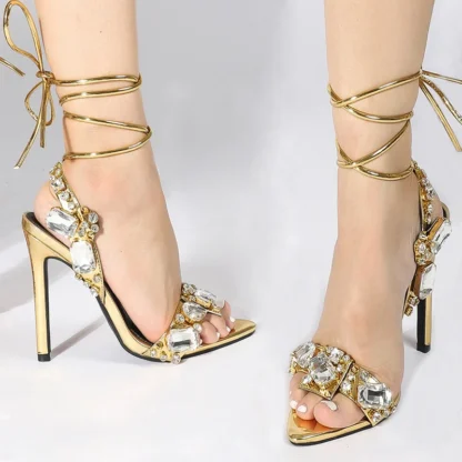 [順豐包郵] Liyke Sexy Ankle Strap Golded Sandals Women Party Nightclub Stripper Heels High Quality Crystal Diamond Pointed Toe Wedding Shoe - Image 4