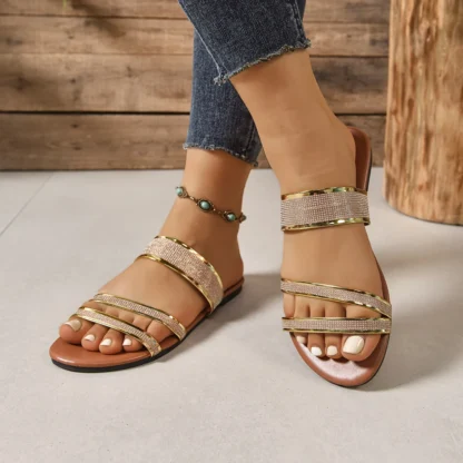 [順豐包郵] Summer Women Slippers Beach Casual Slippers Fashion Patent Leather Flat Heel Sandals Sparkle Bling Rhinestone Shoes Slides Women - Image 3