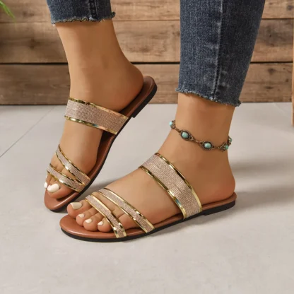 [順豐包郵] Summer Women Slippers Beach Casual Slippers Fashion Patent Leather Flat Heel Sandals Sparkle Bling Rhinestone Shoes Slides Women - Image 2