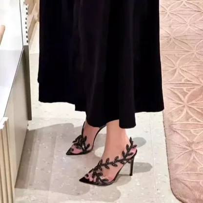 [順豐包郵] Women Fashion Sandals Designer Rhinestone Open Toe Pointed Toe Transparent High Heels Fine Heel One Strap Celebrity Women Shoes - Image 3