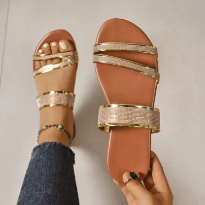 [順豐包郵] Summer Women Slippers Beach Casual Slippers Fashion Patent Leather Flat Heel Sandals Sparkle Bling Rhinestone Shoes Slides Women