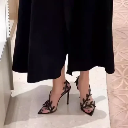 [順豐包郵] Women Fashion Sandals Designer Rhinestone Open Toe Pointed Toe Transparent High Heels Fine Heel One Strap Celebrity Women Shoes - Image 2