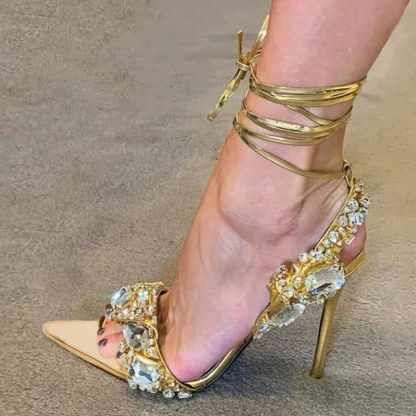 [順豐包郵] Liyke Sexy Ankle Strap Golded Sandals Women Party Nightclub Stripper Heels High Quality Crystal Diamond Pointed Toe Wedding Shoe